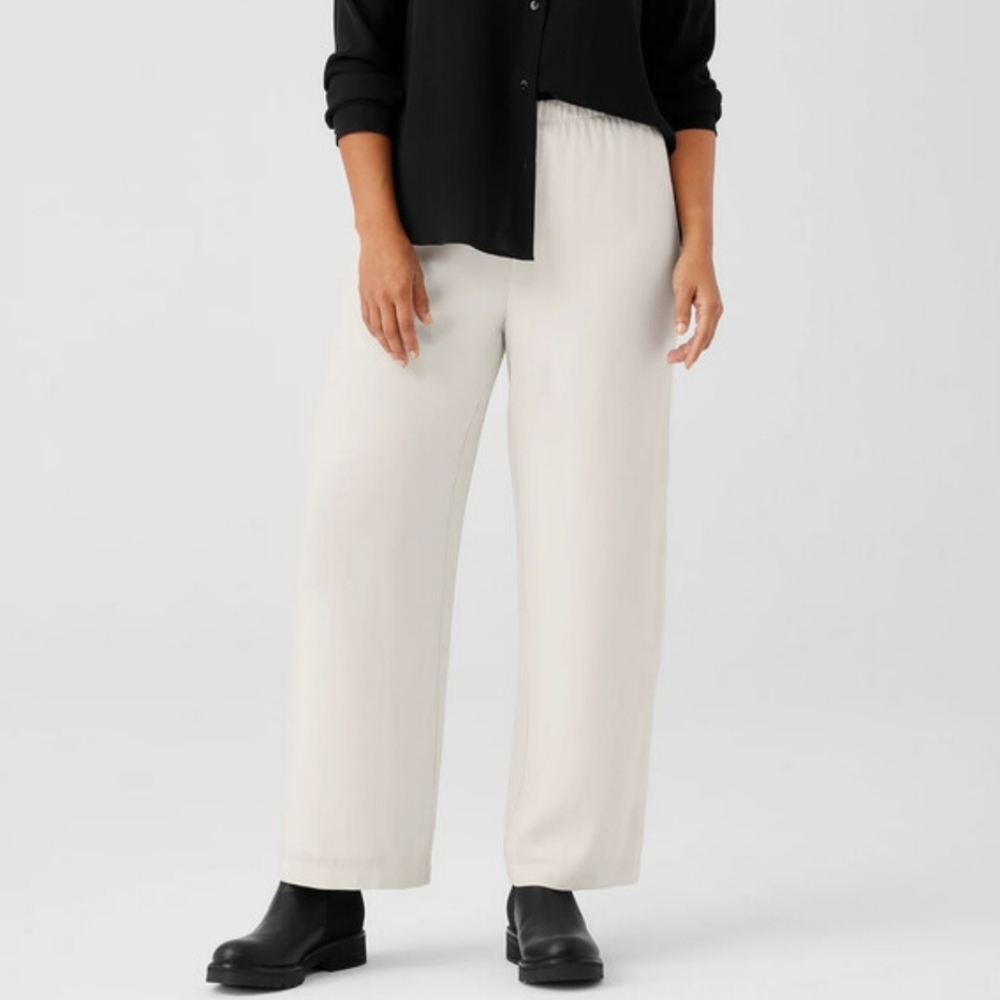 NWT Eileen Fisher Pants Silk Georgette Crepe Straight Large Slacks Slouchy Bone